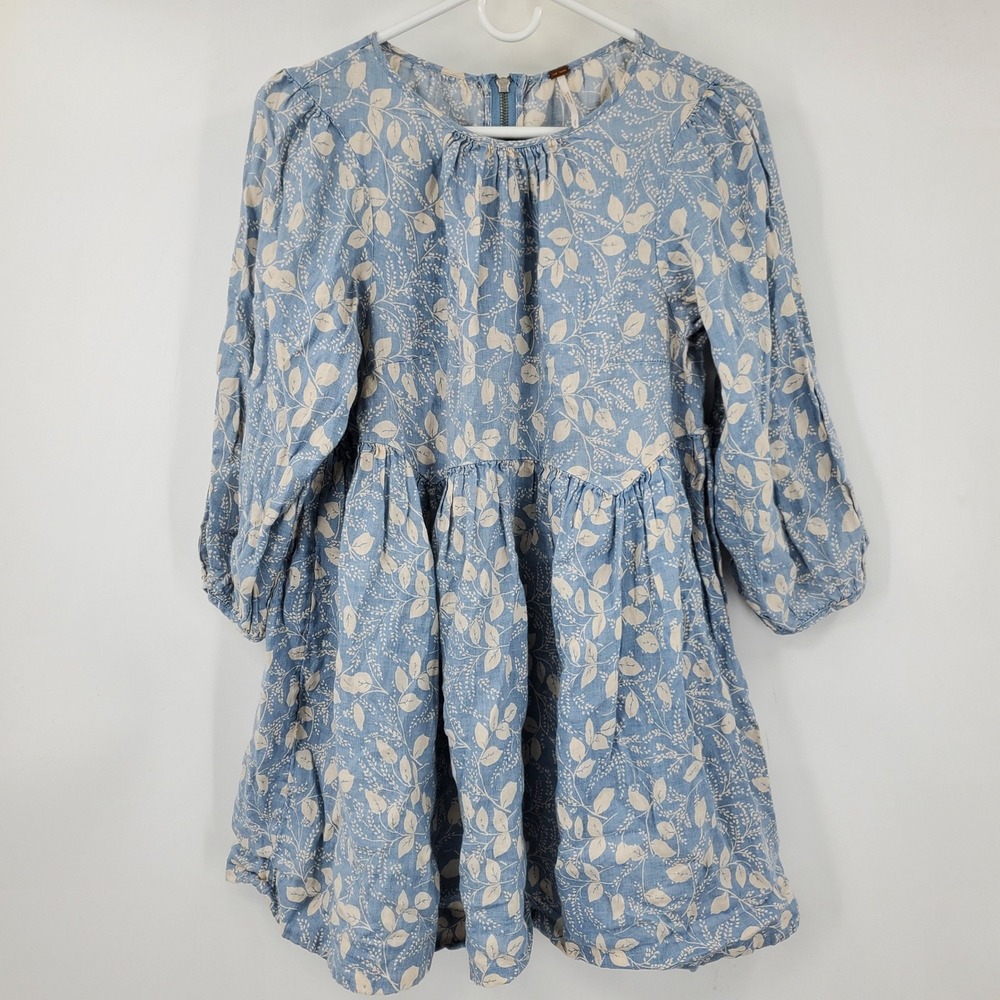 Free People Blue Linen Botanical‎ Leaf Print Babydoll Mini Dress S Cottage Boho